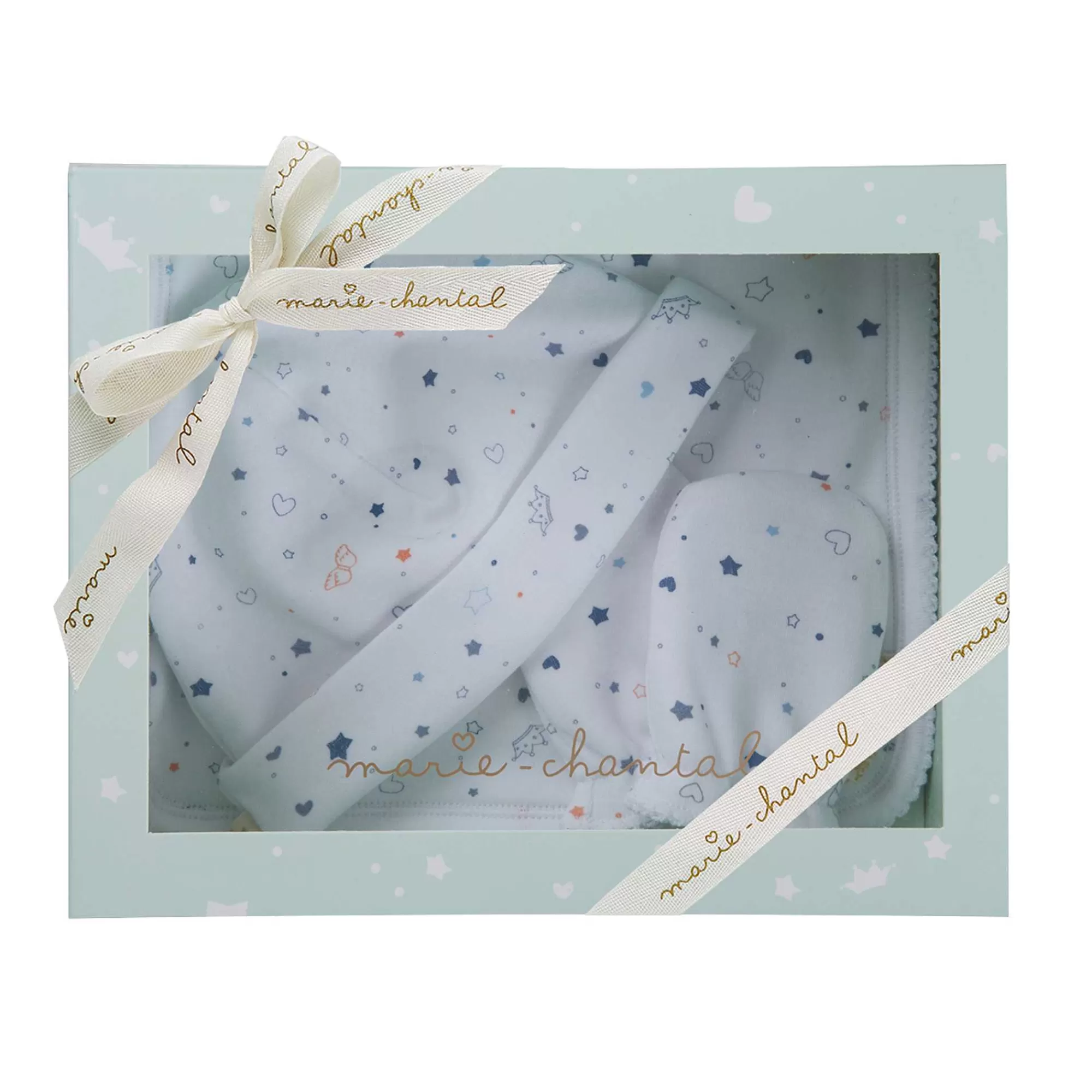 Marie Chantal Coffrets Cadeaux*Ensemble Bonnet, Bavoir Et Mitaines Imprime Etoile Et Couronne - Bleu