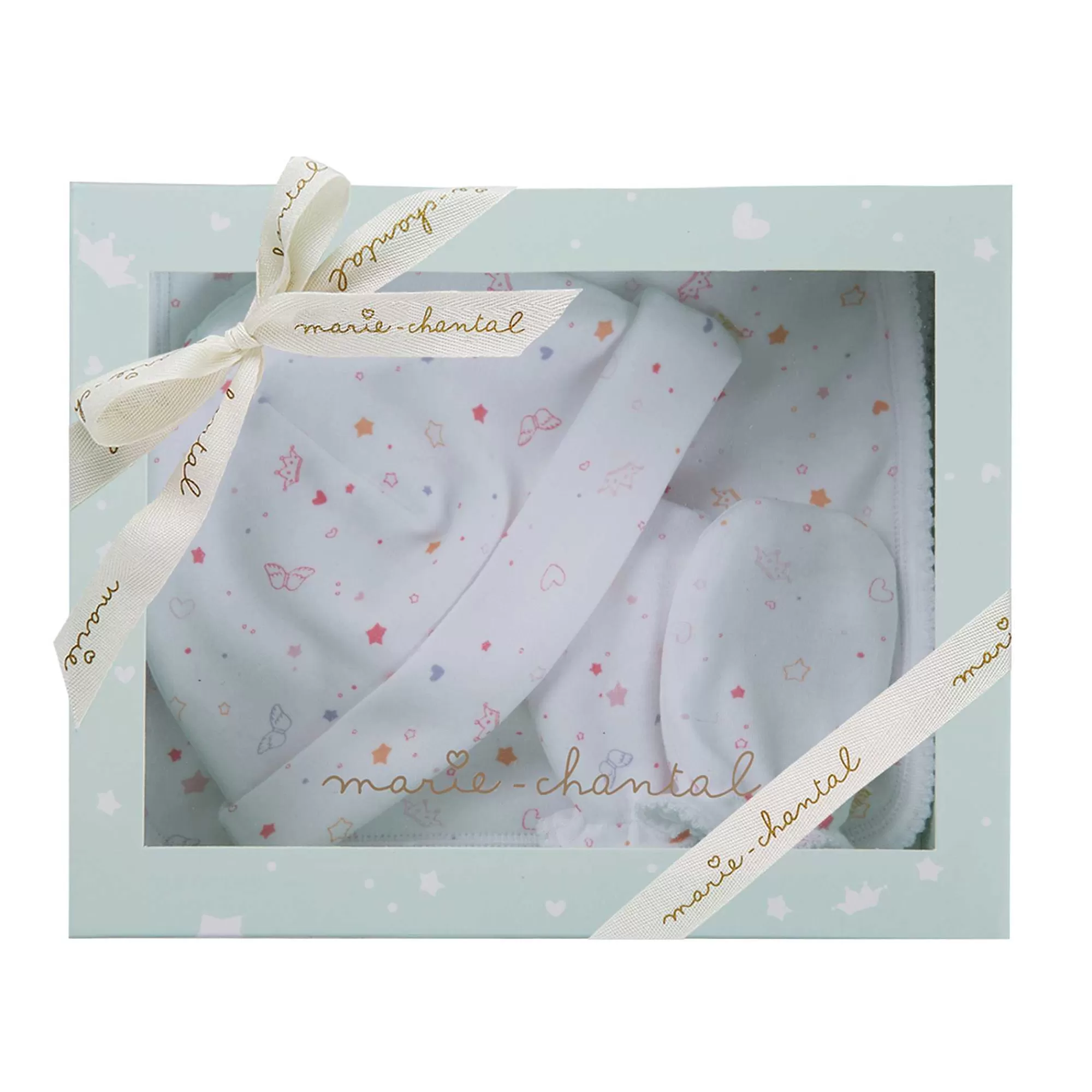 Marie Chantal Coffrets Cadeaux*Ensemble Bonnet, Bavoir Et Mitaines Imprime Etoile Et Couronne - Rose
